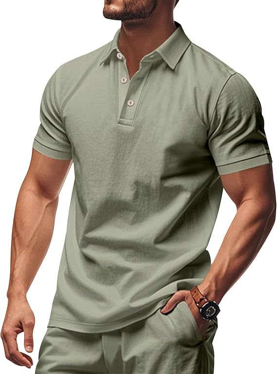 Men's Polo Shirt Solid Color Lapel Short Sleeve T Shirts Fashion Casual Summer Button Up Loose Fit Henley Tee Tops