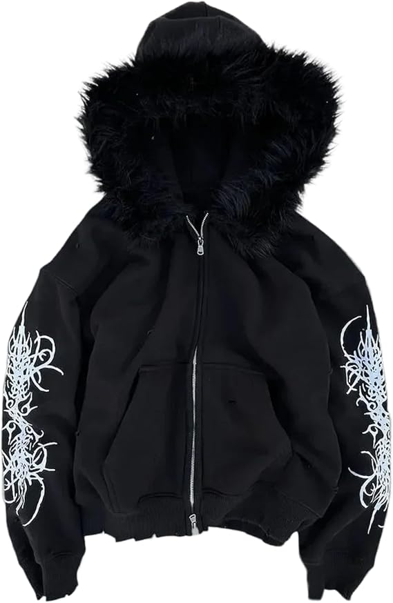 RICHTRUE Grunge Fur Hood Zip Up Hoodie Women Men Y2k Goth Hoodie Emo Jackets Fall Winter Streetwear Sweatshirt 2000s(Black,X-Large)