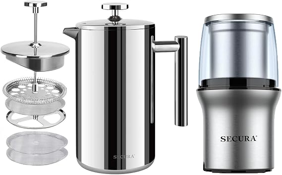 Secura Electric Coffee Grinder and Spice Grinder with 2 Removable Bowls And French Press Coffee Maker, 304 Grade Stainless Steel Insulated Coffee Press 50 Oz.