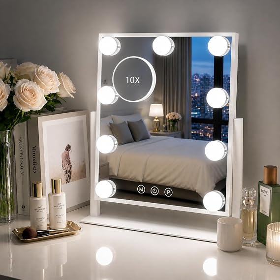 Sucedey Makeup Mirror with Lights, 36 x 31cm Lighted Vanity Mirror with 9 Bulbs, 3 Color Mode and Dimming, Touch Control, Detachable 10X Zoom Mirror, 360° Rotation, Sleek Metal Frame -White
