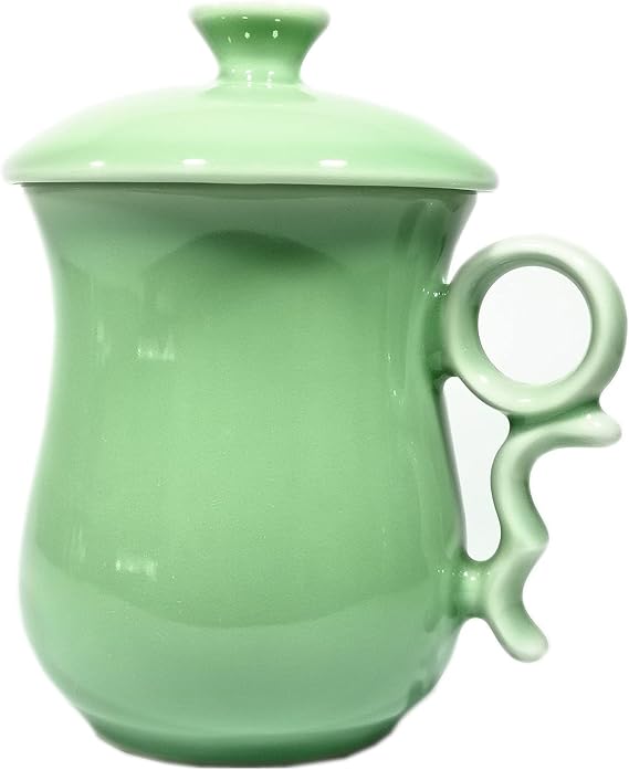 Teacups Coffee Mugs 10-Ounce Porcelain with Lid Handmade Celadon(1, Lighr Green)
