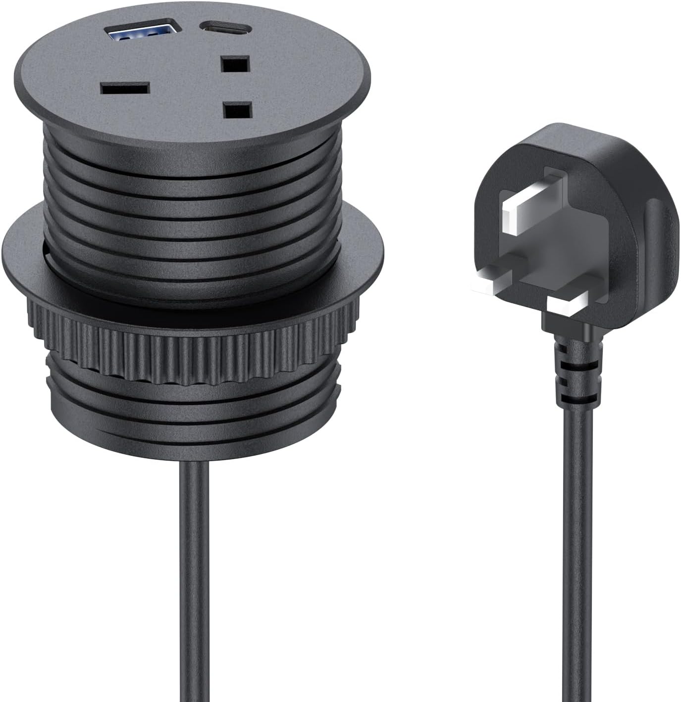 Built-in Socket with USB, Retractable Socket with 1 USB-A, 1 USB-C for Worktop Kitchen, 2 m Cable Desk Power Grommet 60 mm for Home Office(Black)
