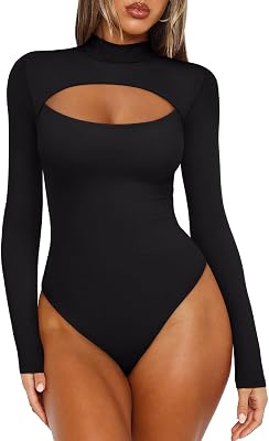 REORIA Womens Mock Neck Cutout Front Bodysuit Trendy Going Out Long Sleeve Body Suits Tops Fall Outfits 2025