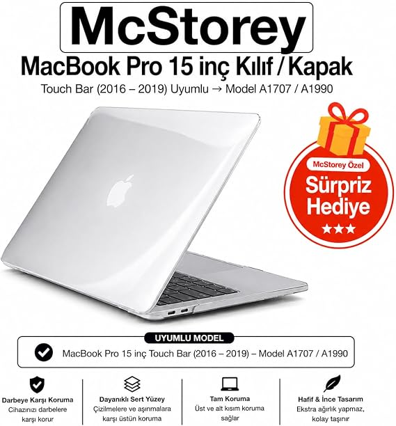 McStorey MacBook Pro 15 Kristal Şeffaf Kılıf A1707 A1990 Uyumlu Parlak Sert TPU Kılıf İnce Hafif Koruyucu Kapak 2016-2019 Şeffaf