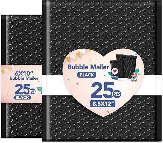 GSSUSA Bubble Mailers Black 6x10Inch 25PC +Black 8.5x12Inch 25PC, Usable Size 6x9" & 8.5x11" Bubble Envelopes for Small Business, Padded Envelope, Shipping Mailers, Packaging Bags, Mailing Envelopes