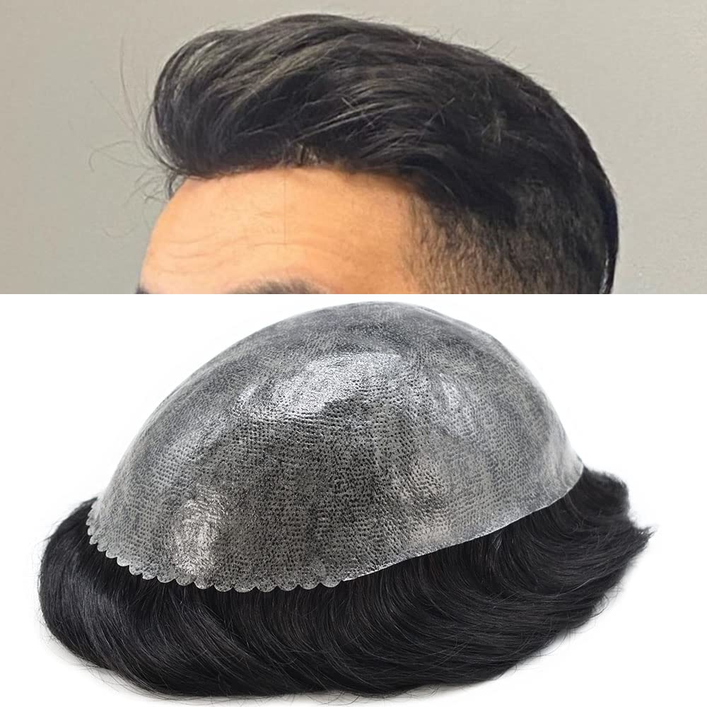 Toupee for Men Hair System Replacement Injected Poly Skin Mens Hairpiece Durable PU Wig for Men 8X10, #1 Jet Black-110% Light to Medium Density