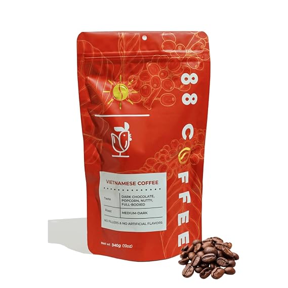 88 COFFEE COMPANY - 100% Vietnamese Coffee 12oz bag Medium Dark Roast,100% Robusta Authentic Vietnam Coffee for Phin, Espresso, Drip & Iced Cafe Sua a Bold, Smooth, Low Acidity (Whole Bean (12 Ounce), Medium-Dark Roast)