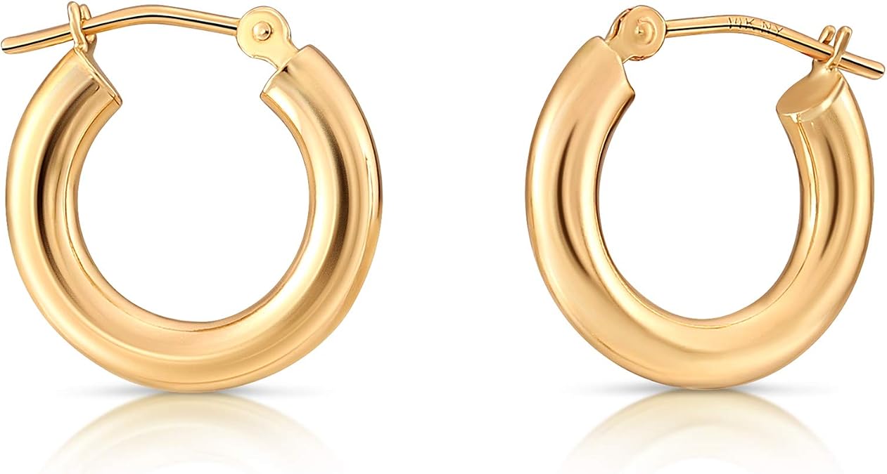 14k Yellow Gold Classic Shiny Polished Round Hoop Earrings, 3mm tube