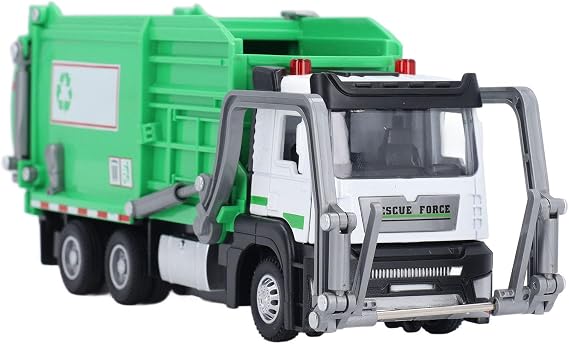 1:32 Garbage Truck Toy with Dumpster 4 Trash Bins Friction Powered Light Sounds, Waste Material Vehicle Model, for Kids Waste Management Play Experience