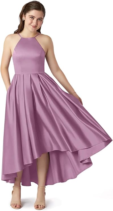 Junior Bridesmaid Dresses Satin Halter Neck High Low Hem with Pockets A-Line Formal Party Gown for Teen Girls