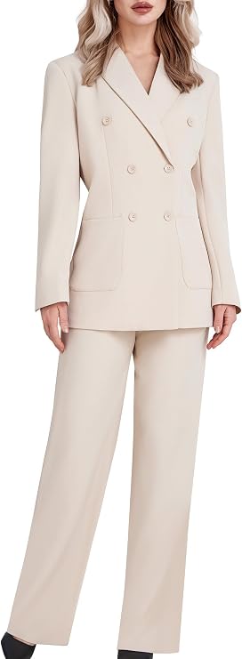 Women's 2 Piece Double Breasted Blazer and Wide Leg Pants Pocket Business Casual Office Suit