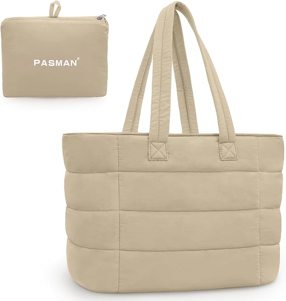 PASMAN Puffer Bag for Women,Quilted Travel Puffy Tote Bag Fit for Laptop,Nylon Work Bag for Nurse College,Teacher