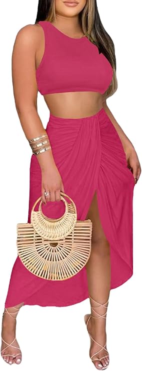 LYANER Women's 2 Piece Outfits Sleeveless Tank Crop Top and Wrap Split Slit Ruched Bodycon Midi Skirt