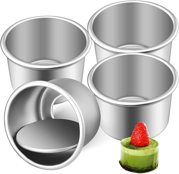QianShi 4pcs Mini Cheesecake Pans Removable Bottom Small Round Cake Pan Nonstick Aluminum Alloy Baking Molds Pudding Cups Muffin Trays for Dessert Cupcake Pizza Fondant Bread (2 Inches)