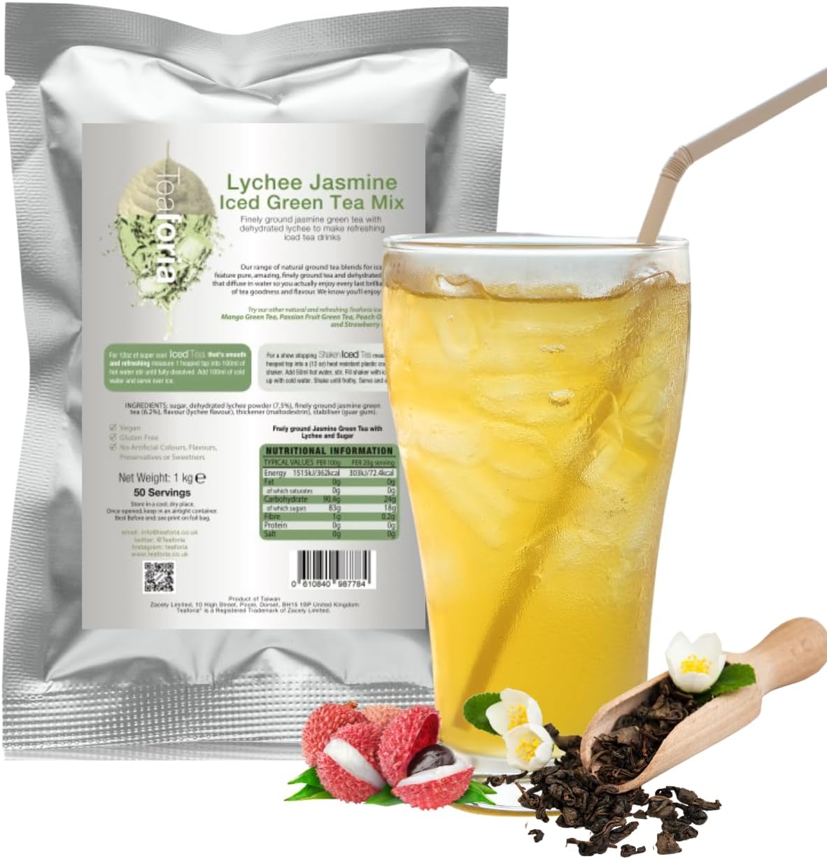 1kg Teaforia Lychee Jasmine Green Iced Tea Mix | Premium Instant Bubble Tea Powder | Gluten Free &amp; Vegan Friendly | 50 Servings | Refreshing Fruity Flavor for Cold Drinks, Smoothies &amp; Desserts