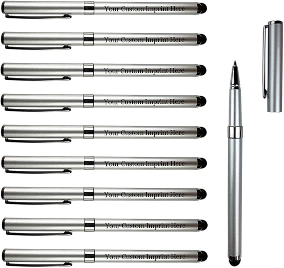 Ancolo Personalized Pens with Stylus -10 pcs/pack Custom Printed Name Pens with Black Ink - Imprinted with Logo or Slogan/phone number/address - Perfect for advertising (Silver)