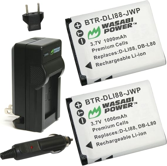 Wasabi Power Battery (2-Pack) and Charger for Pentax D-LI88, Optio H90, P70, P80, W90, WS80