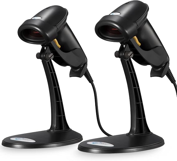 Esky Barcode Scanner with Stand, 2 Pack Wired Handheld 1D Bar Code Scanner | Automatic Laser Scanner Support Windows/Mac/Linux for Store, Supermarket, Warehouse, Library Book