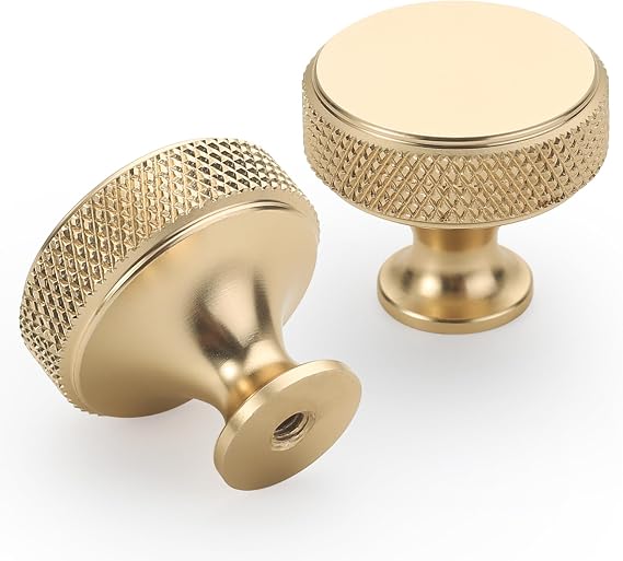 9BUILD 10 Pack 1.2 Inch Brushed Gold Cabinet Knobs - Knurled Kitchen & Dresser Knobs for Cabinets and Drawers