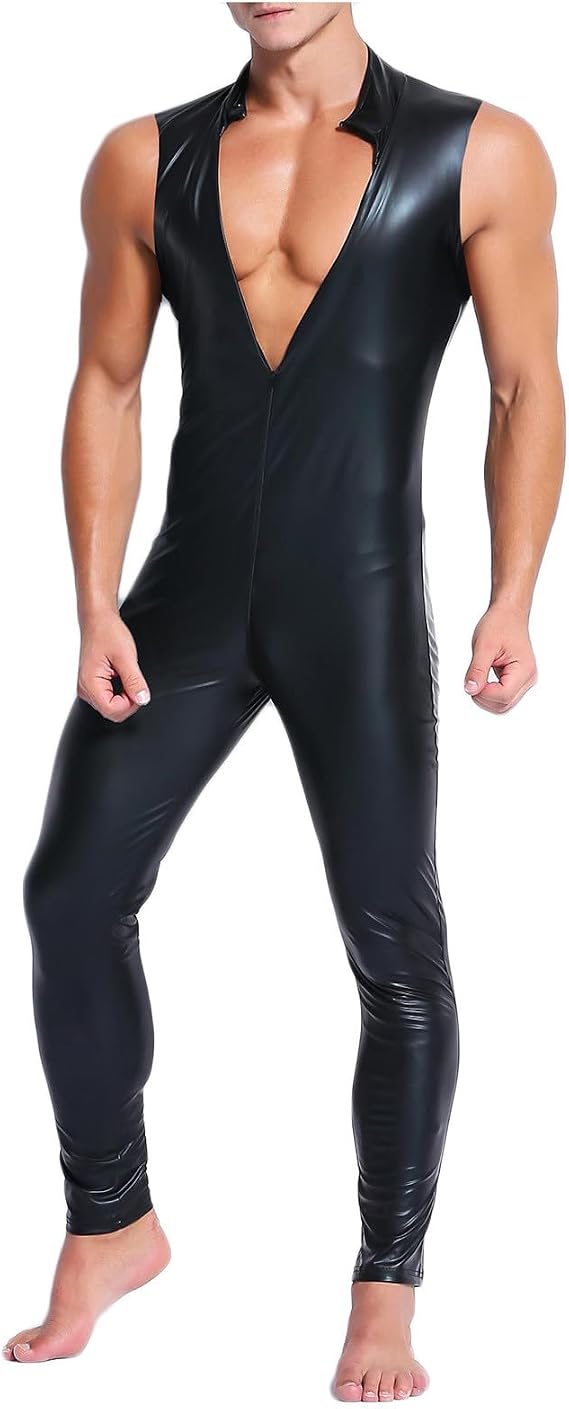 wodceeke Men's Faux Leather Jumpsuit Shiny Leather Bodysuit Zipper Pole Dance Leotard Adult Onesie Singlet Catsuit