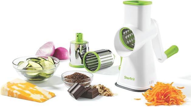 Starfrit Drum Grater - 3 Interchangeable Stainless Steel Barrels - Slice, Coarse and Fine Grating - Vegetable, Cheese, Nuts, Chocolate