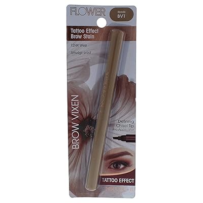 Flower Beauty Brow Vixen Tattoo Effect Stain Smudge Proof, 12 Hr Wear Eyebrow Makeup with Chisel Tipped Applicator, Contains Aloe Vera & Vitamin E, Blonde, 0.034 Oz
