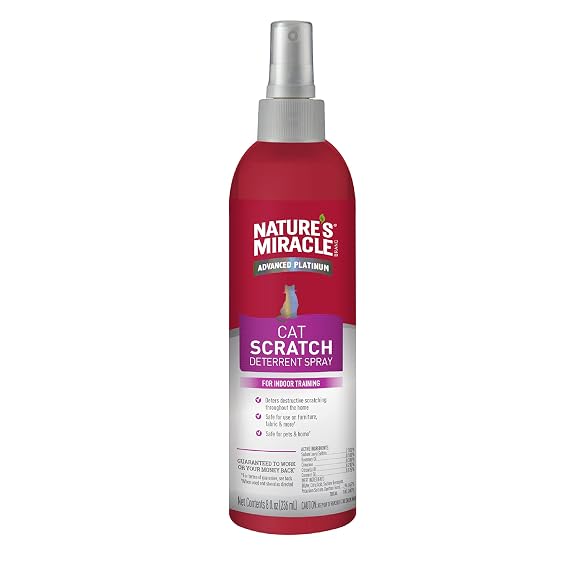 Nature's Miracle Cat Scratch Deterrent Spray, 8 oz | Discourages Destructive Scratching, Use On Furniture, Fabric & More, Formulated With Essential Oils, Safe for Pets & Home
