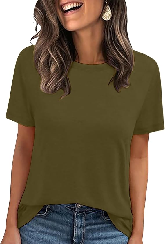 LOOKFACE Women's Summer Short Sleeve Crewneck T Shirts Solid Color Tees Casual Basic Tops