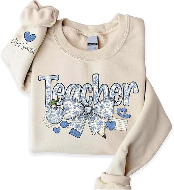 Godashop Personalized Teacher Sweatshirt with Name, Back to School Crewneck for Women, Cute Educator Outfit, Floral Bow Top for Classroom, Kindergarten Appreciation Gift
