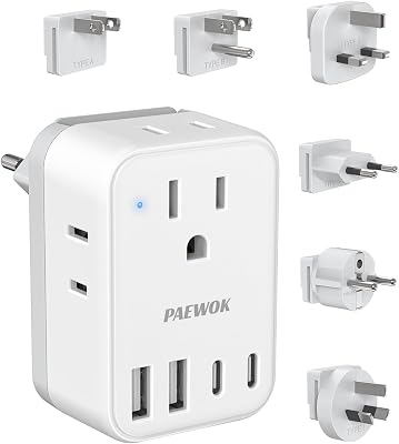 International Power Adapter Set, US to EUUKAUSJapan Universal Travel Adapter- 4 AC Outlets 4 USB Ports 2 USB C, Worldwide Travel Plug Adapter Kit Include Type FGICBA Detachable Charger Plug
