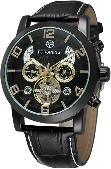 FORSINING Mechanical Male Wristwatches Skeleton Flywheel Tourbillon Waterproof Leather Strap Calendar Business Watches