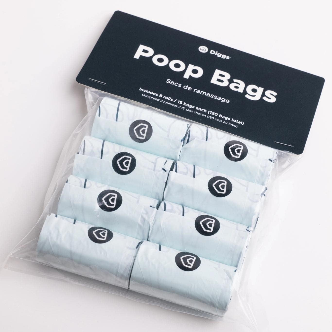 Diggs Dog Poop Bags 8-Rolls - Durable & Odor Resistant Pet Waste Bags Refill Pack - One-Hand Dispensing, Innovative No-Tear Pet Products - 120 Bag Count