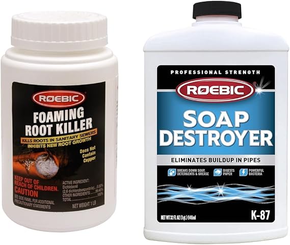 Roebic Foaming Root Killer to Clear Pipes & Stop Growth + Grease & Paper Digester Bacteria for Septic Tanks - 1lb & 32 Fl Oz