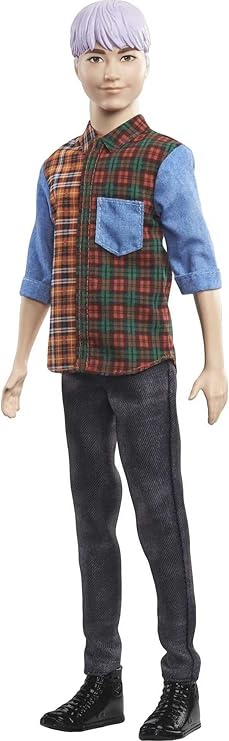 ​Barbie Ken Fashionistas Doll #154 with Sculpted Purple Hair Wearing a Color-Blocked Plaid Shirt, Black Denim Pants & Boots, Toy for Kids 3 to 8 Years Old