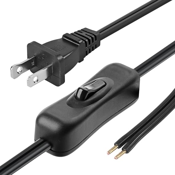 VSEER Lamp Cord has Button Switch UL304 2A/120V,Plug,Stripped Ends Ready for Wiring 18 AWG SPT-2, Black (6FT)