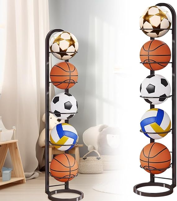 6 Tier Ball Storage Rack, Vertical Removable Football Stand, Multifunctional Sports Organizer Football Holder, Display Stand for Basketball Football Soccer Volleyball Outdoor Indoor