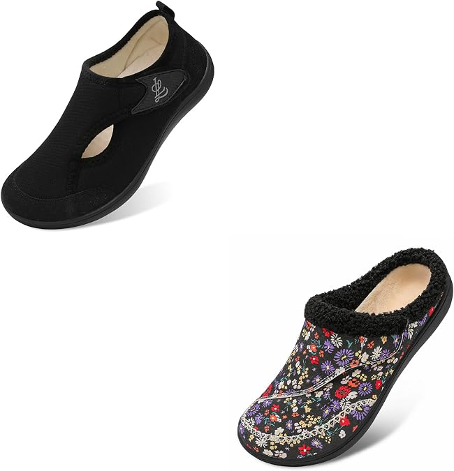 LeIsfIt Womens Wide Slippers Diabetic House Shoes Set of 2 Pairs Size 8 Black and Black Flower