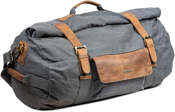 Royal Enfield Canvas Duffel Bag for Unisex, Waterproof Travel Bag with Zippered Pockets, Weekender Overnight Bag for Travel, Sports & Gym- Grey