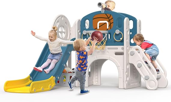 9 in 1 Toddler Slide, Kids Slide for Toddlers 1-3 Outdoor Indoor Playground | Toddler Slide with Ring Toss, Basketball Hoop, and Telescope, Indoor Outdoor Playset Playground for Toddlers Age 1-3 Blue