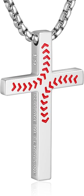 Baseball Cross Necklace for Boys Men | Inspirational Christian Bible Verse, Cross Pendant, Stainless Steel Chain, 20+2 inch, Jewelry Gift