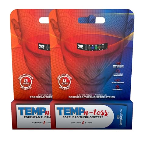 Fast Reading Disposable Forehead Thermometer Strips - Temp-N-Toss for Accurate & Hygienic Adult Temperature Measurement - Easy to Use and Reliable Single-Use Fever Indicator (12)