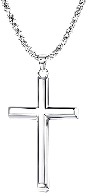 MILACOLATO Solid 925 Sterling Silver Cross Necklace for Men Women, 2mm Durable Diamond-Cut Sterling Silver Chain with Beveled Edge Cross Pendant, Mens Silver Gold Crucifix Pendant Necklace Jewelry 16-24 Inches Mother's Father's Day Jewelry Gifts