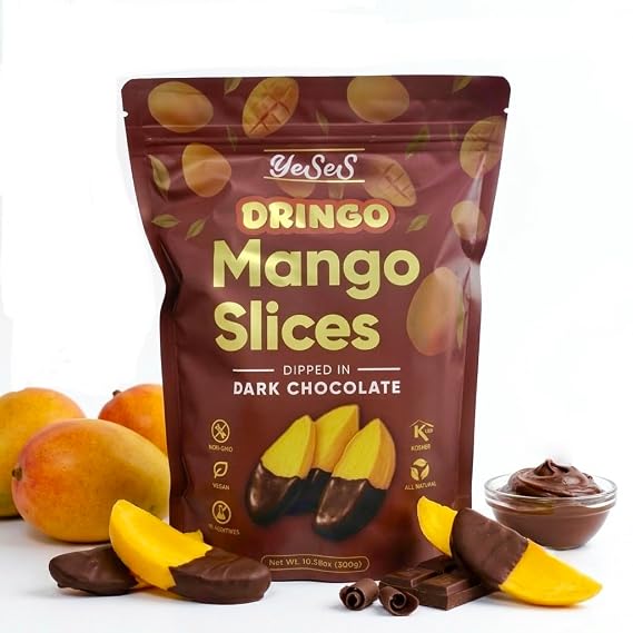 Mango Slices Dipped in Dark Chocolate Yeses Dringo Premium Dried Mango Snack, Non-GMO, Vegan, Kosher, All-Natural, No Additives, 10.58 oz (300g) Resealable Bag (3 Pack)