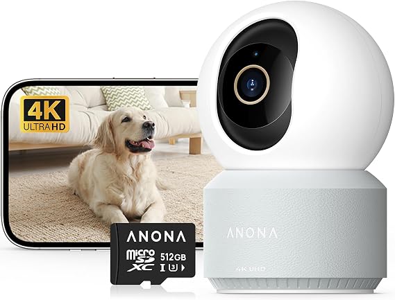 Anona Pano 4K UHD Indoor Camera with 512GB SD Card, Security Camera with Phone App, 360° Pan-Tilt, 2.4G/5G Wi-Fi 6, Auto-Tracking, Person/Pet/Baby Crying Detection, Privacy Mode, Two-Way Audio