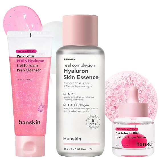 Hanskin PDRN Pink Hydration Routine Set PDRN Gel-to-Foam Cleanser + Hyaluron Skin Essence + PDRN Glow Serum | 3-Step Glass Skin Routine for Smooth, Plump & Radiant Skin | Korean Skincare Set