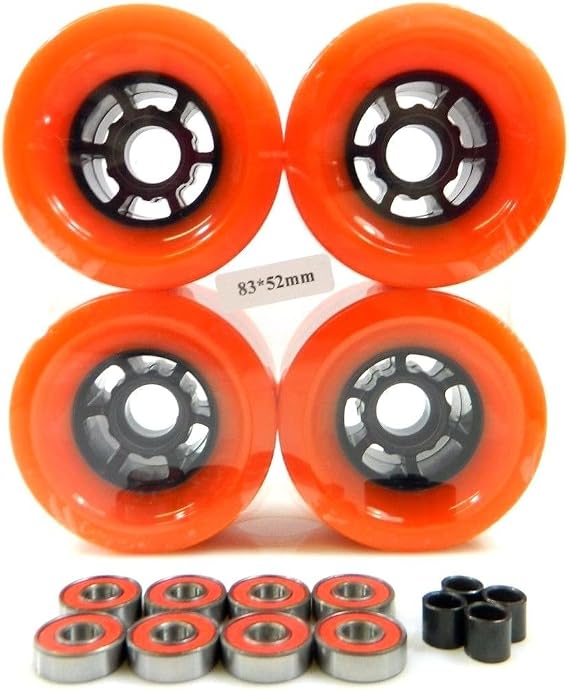 90mm Longboard Flywheels Wheels + ABEC 7 Bearings Spacers (Orange)