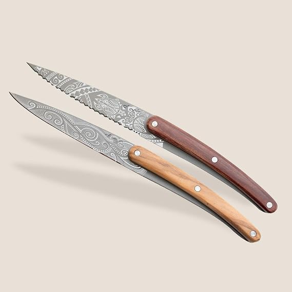 2 Deejo Paring Knives, Olive and Coral Wood/Polynesian and Pacific Bıçak Seti