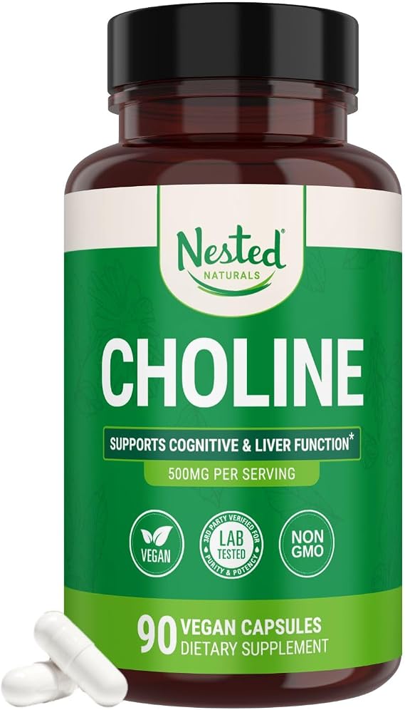 Nested Naturals Choline Bitartrate 500mg Per Serving - High Potency Choline Supplements - Supports Cognitive Performance & Liver Function - 100% Vegan & Non-GMO Choline - 90 Vegan Capsules