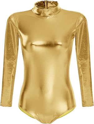 ODIZLI Women Shiny Metallic Long Sleeve Leotard Mock Turtleneck One Piece Bodysuit for Gymnastics Ballet Dance