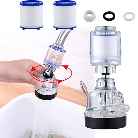 360° Swivel Sink Faucet Filter With 2 Elements - Water Purifier With Adjustable 3 Mode Splash-Proof Booster - Kitchen Tap Extender Sprayer Aerator - Water Saving